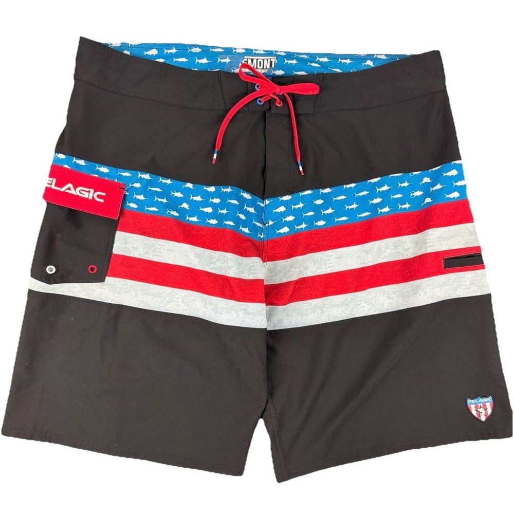 Pelagic Fremont Board Shorts Mens 40 Black American Flag Fish Camo Fishing Swim
